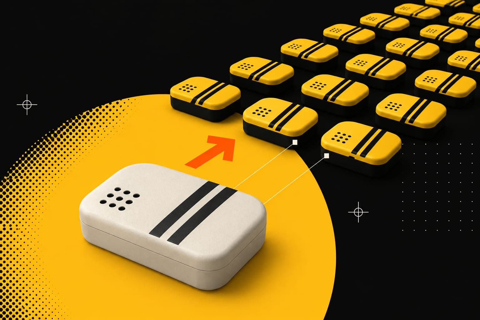 One white prototype device in front of rows of identical yellow production units