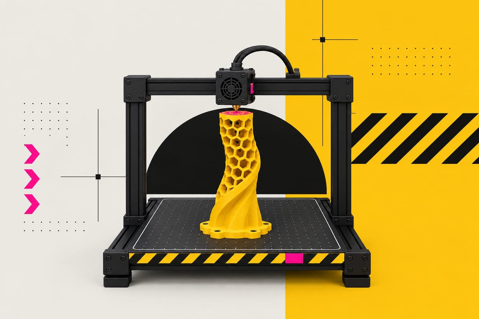 A 3D printer mid-print - a yellow part with its top half still open lattice under the print head