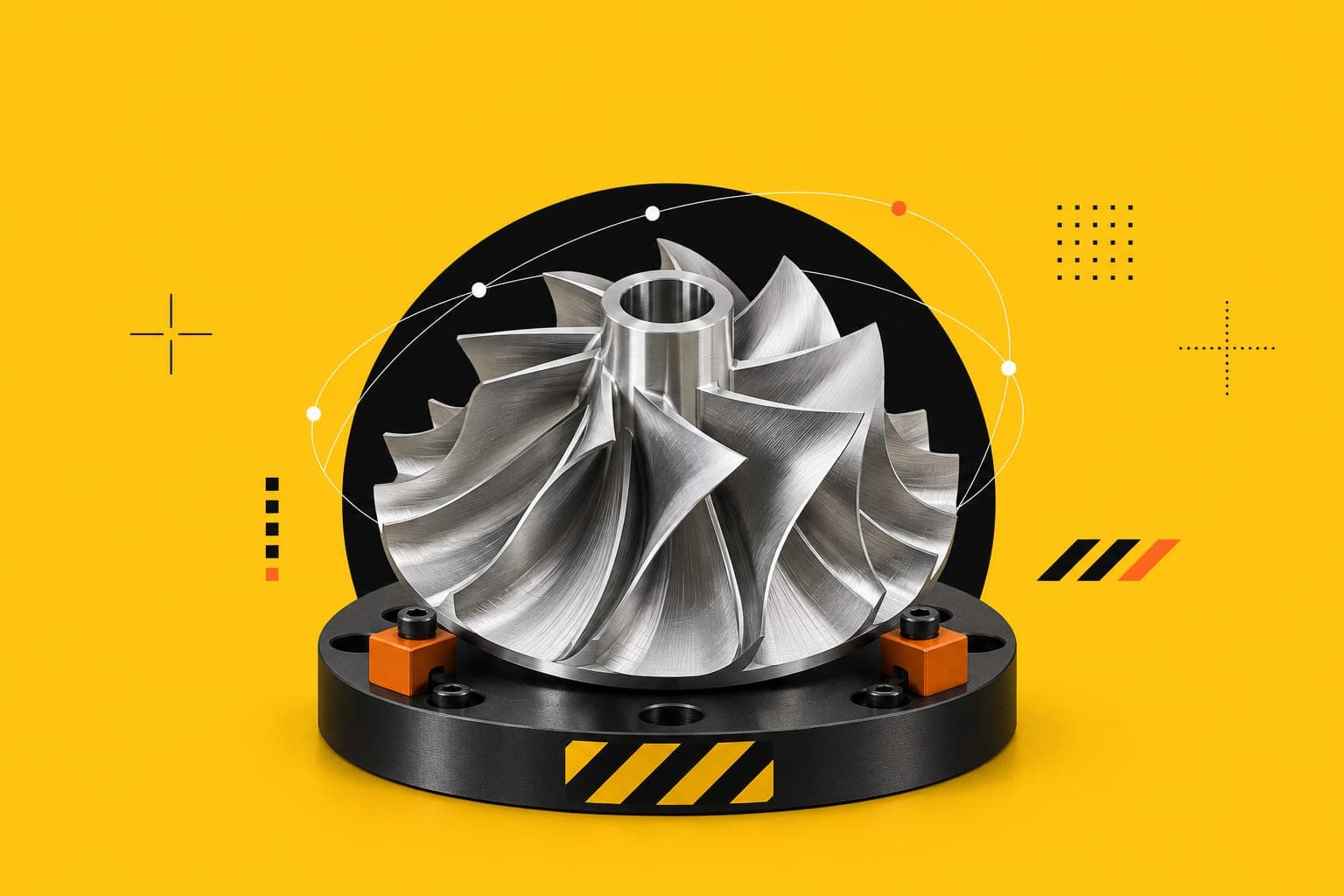 A five-axis machined aluminium impeller standing on a black fixture