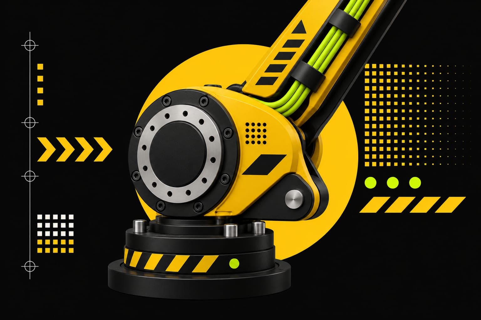A black and yellow robot arm joint with an exposed gearbox ring on a round base