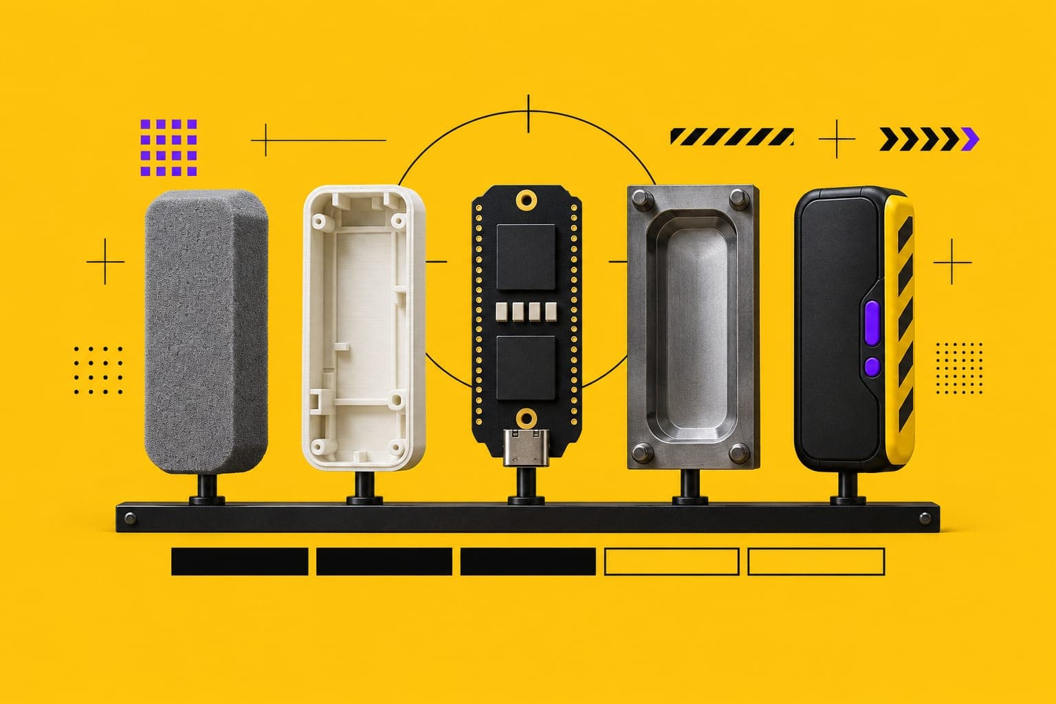 Five stages of a hardware product on one rail - foam model, 3D print, circuit board, mould and finished device - as a timeline