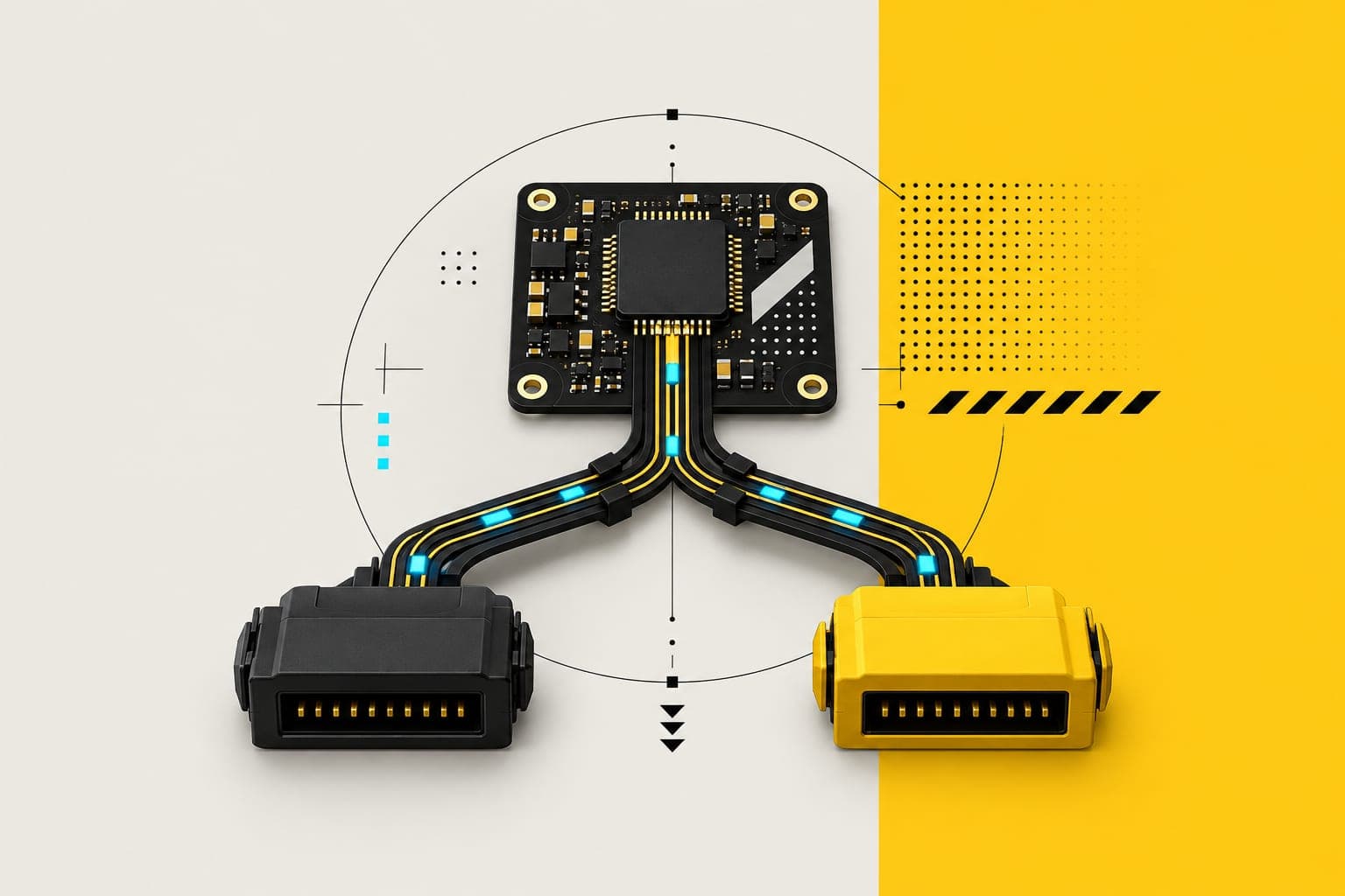 A microcontroller board with one signal trace splitting into two paths, ending at a black and a yellow connector module