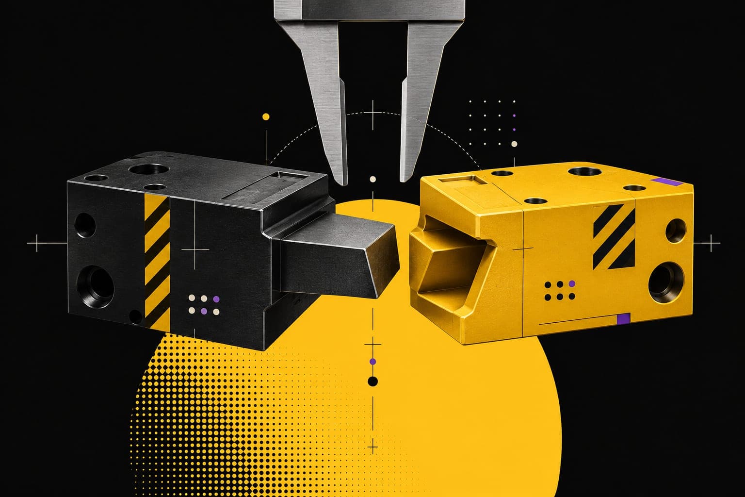 A black and a yellow machined block about to lock together in a precise dovetail joint