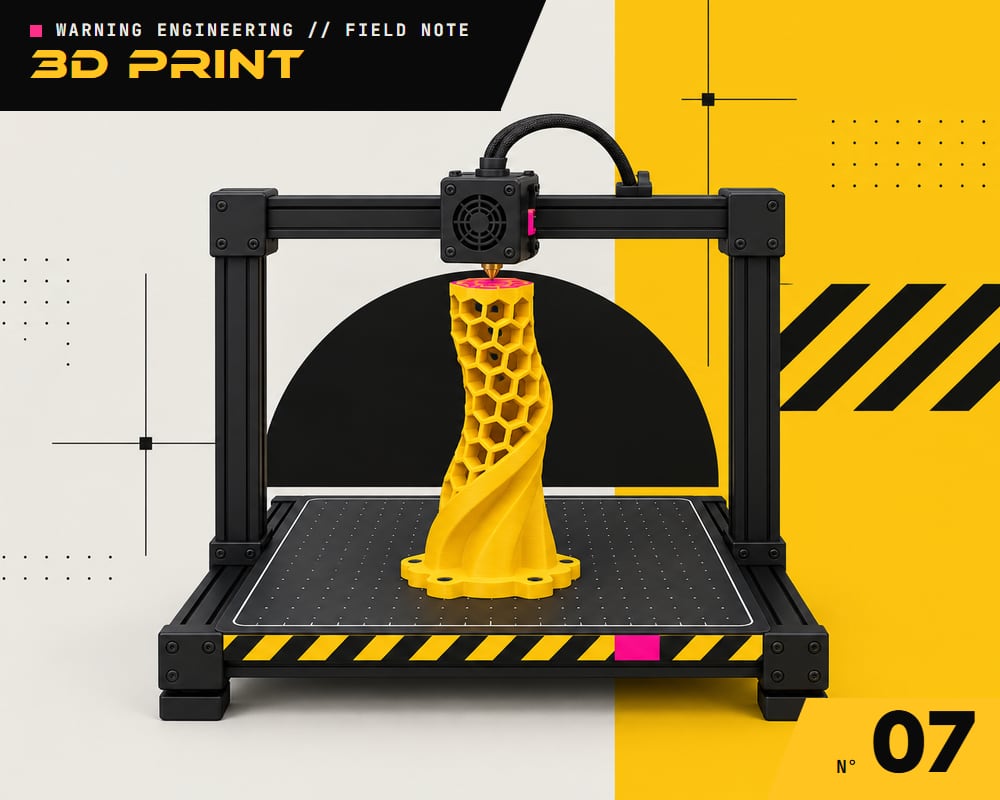 A 3D printer mid-print - a yellow part with its top half still open lattice under the print head