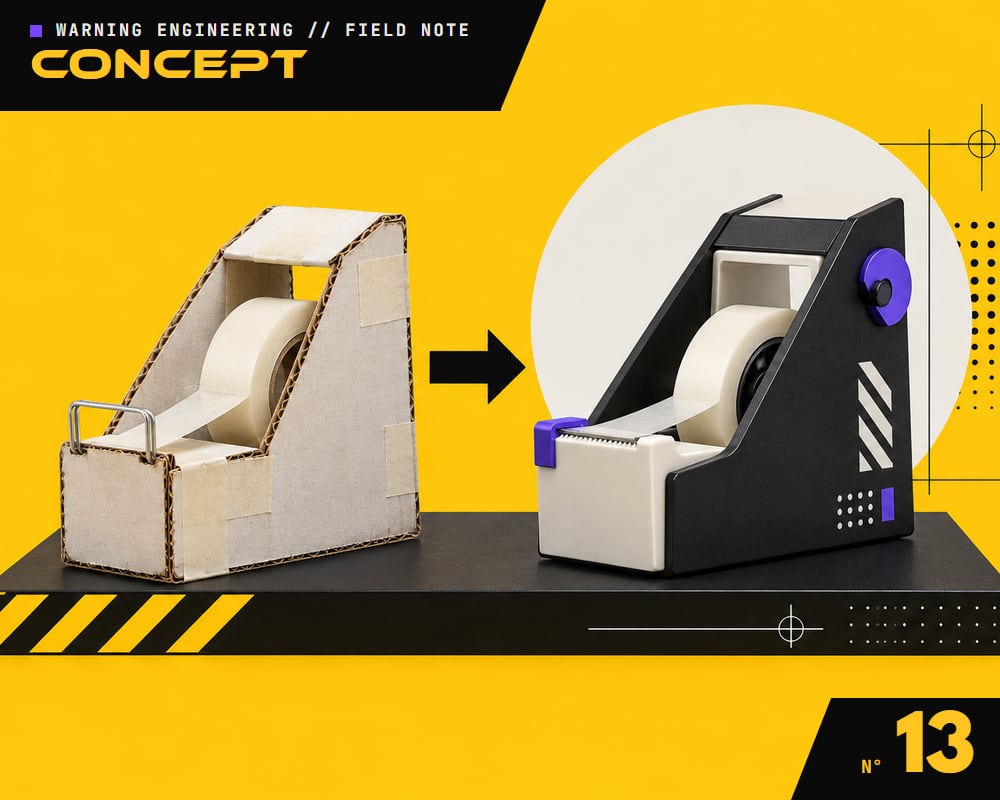 A cardboard mock-up of a desk gadget next to its finished machined version, connected by an arrow