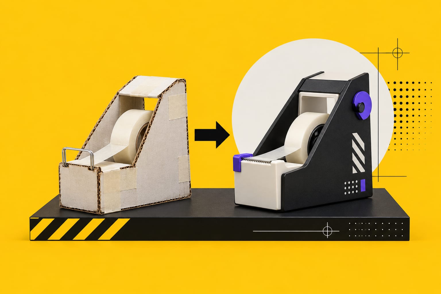 A cardboard mock-up of a desk gadget next to its finished machined version, connected by an arrow
