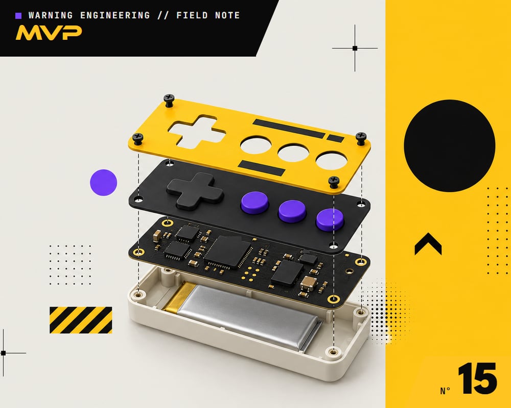 An exploded view of a handheld device - shells, buttons, circuit board, battery and screws in a vertical stack