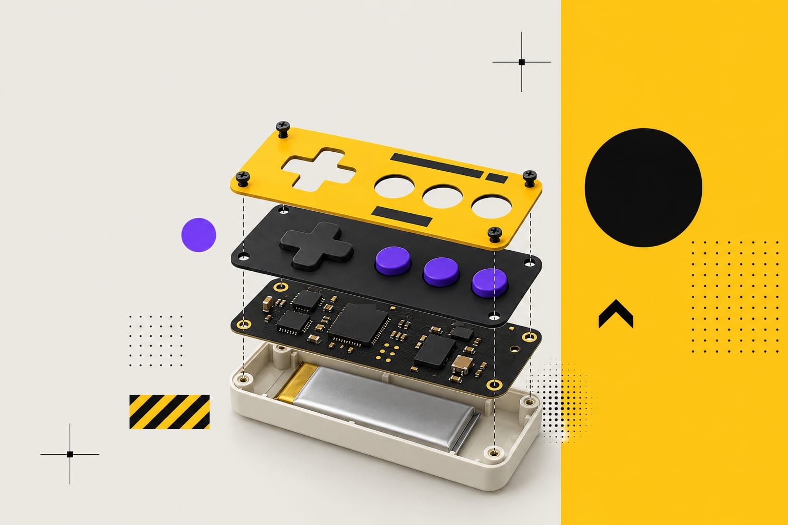 An exploded view of a handheld device - shells, buttons, circuit board, battery and screws in a vertical stack