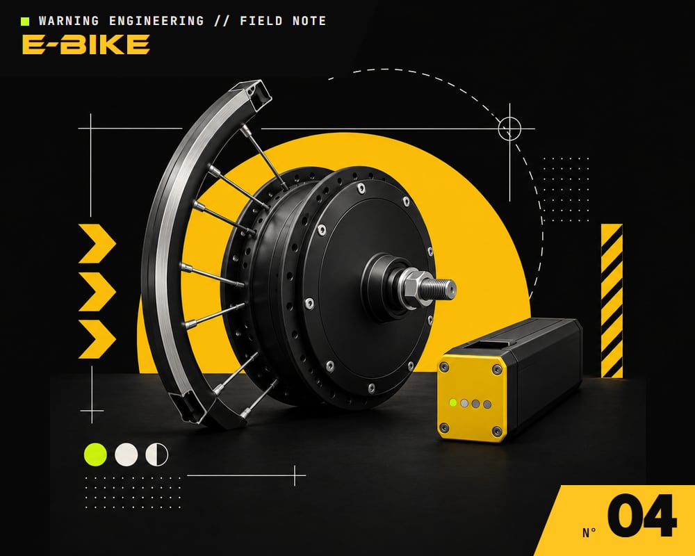 An e-bike hub motor wheel section next to a slim black battery pack with a yellow end cap
