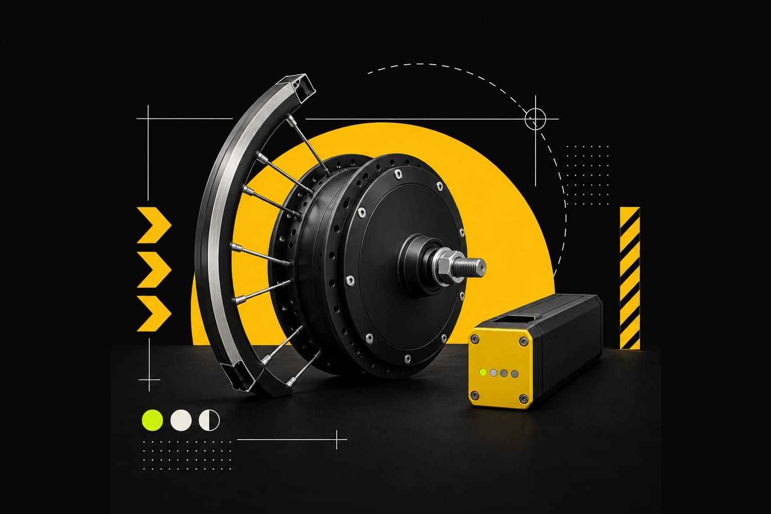 An e-bike hub motor wheel section next to a slim black battery pack with a yellow end cap
