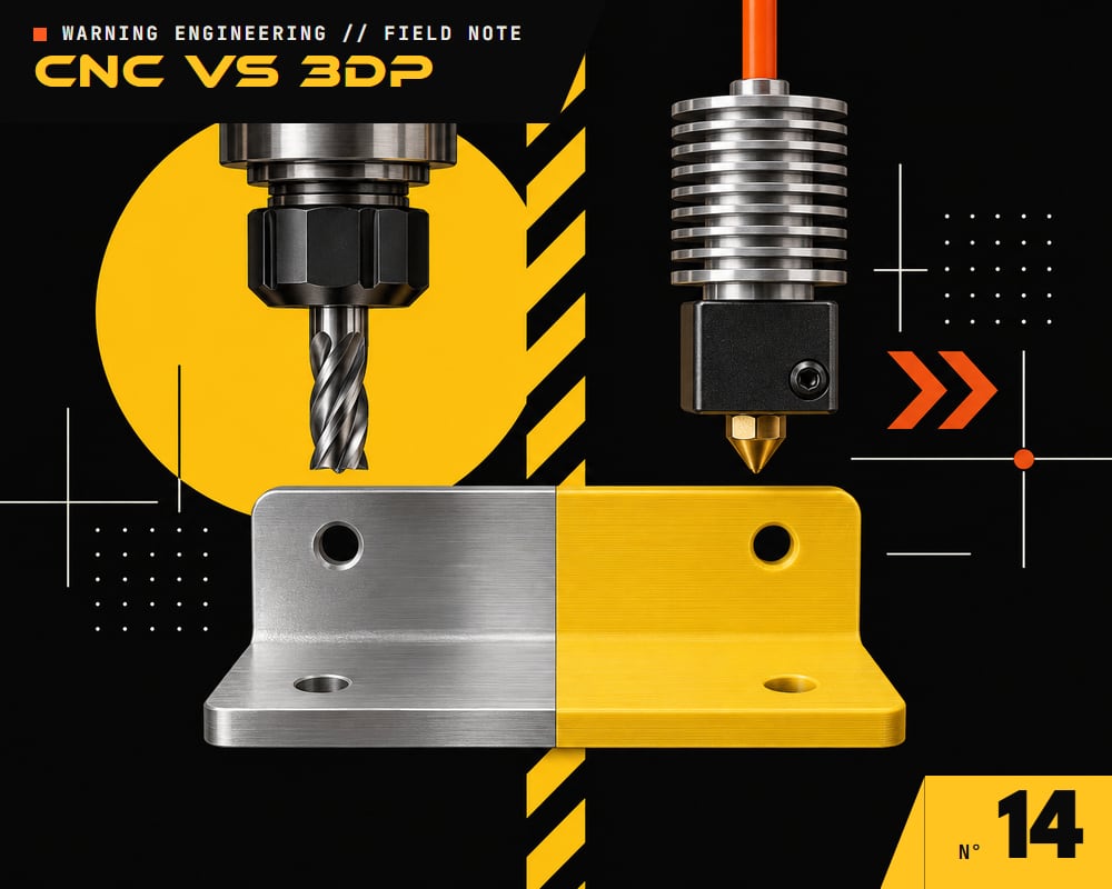 A CNC end mill and a 3D printer nozzle over one bracket that is half machined aluminium, half yellow printed plastic