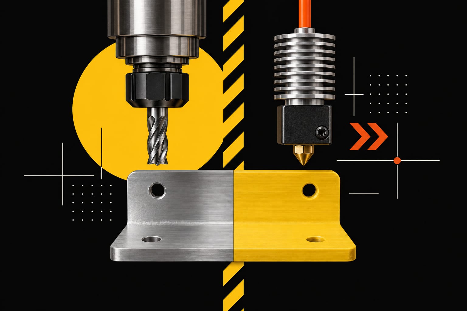 A CNC end mill and a 3D printer nozzle over one bracket that is half machined aluminium, half yellow printed plastic