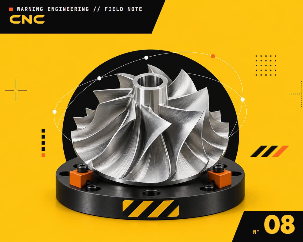 A five-axis machined aluminium impeller standing on a black fixture