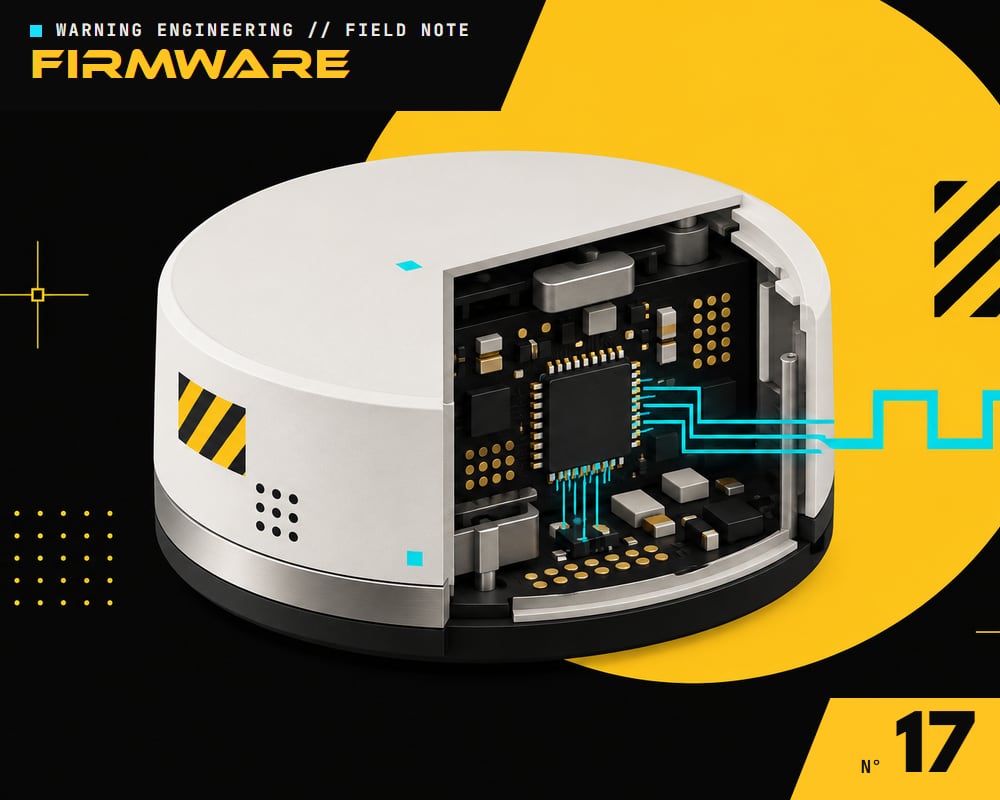 A smart sensor hub cut open to show its circuit board, with a signal pulse leaving the chip