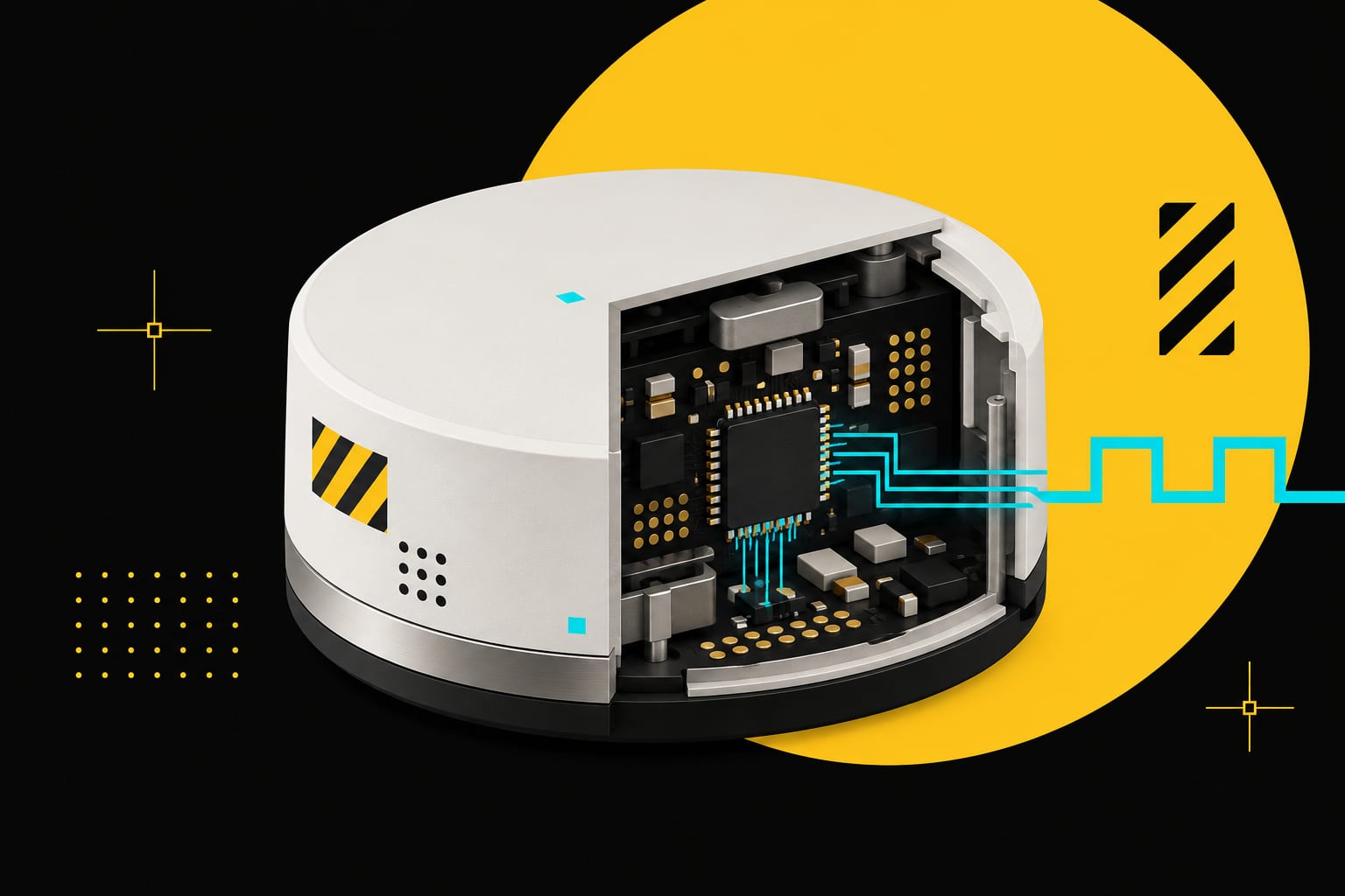 A smart sensor hub cut open to show its circuit board, with a signal pulse leaving the chip