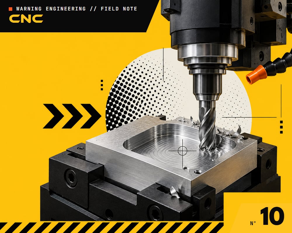 A CNC spindle cutting a precise pocket into an aluminium block, chips curling away