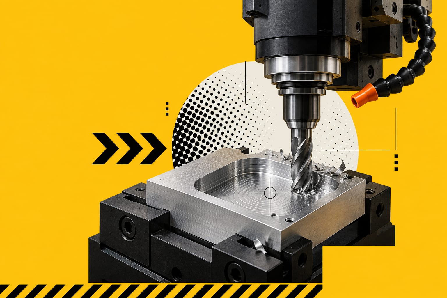 A CNC spindle cutting a precise pocket into an aluminium block, chips curling away