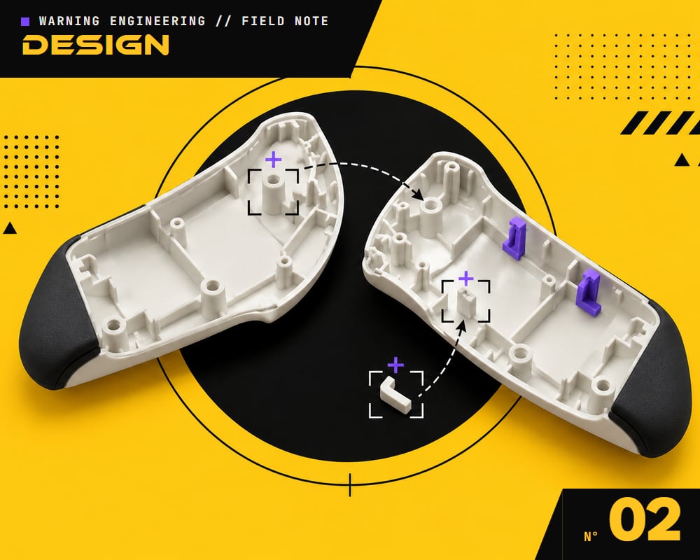 A device enclosure split into two shell halves with misaligned bosses marked for review