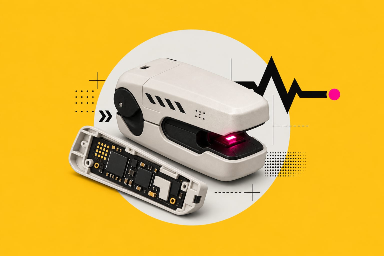 A finger-clip pulse sensor prototype opened to show its electronics, next to a bold heartbeat line