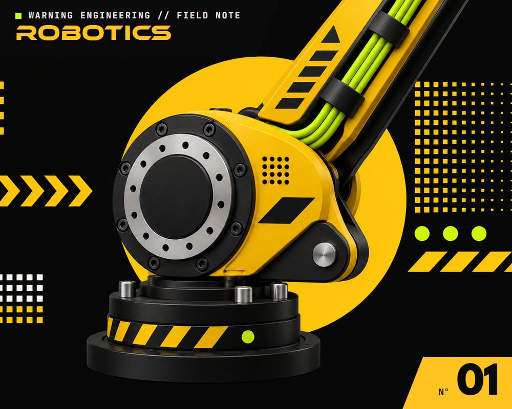 A black and yellow robot arm joint with an exposed gearbox ring on a round base