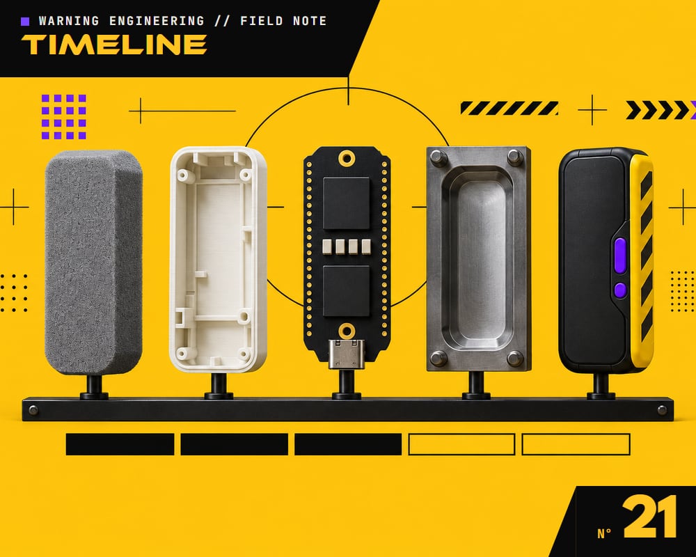 Five stages of a hardware product on one rail - foam model, 3D print, circuit board, mould and finished device - as a timeline