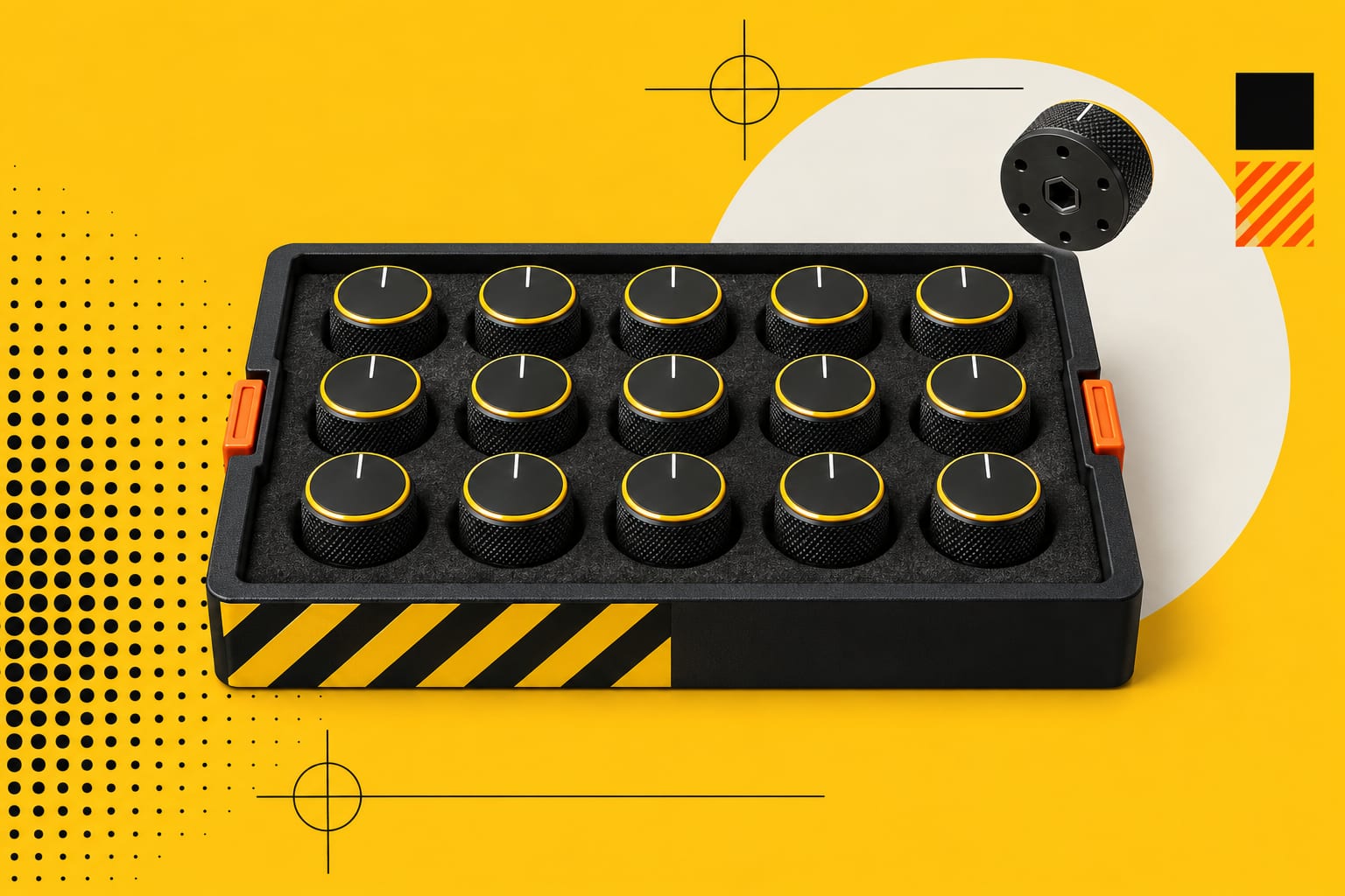 A foam tray with a grid of identical machined knobs, one lifted out and turned over