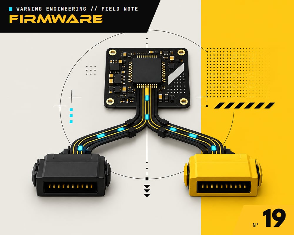 A microcontroller board with one signal trace splitting into two paths, ending at a black and a yellow connector module