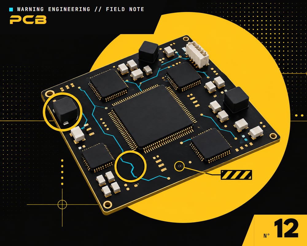 A black circuit board with warning rings marking three design problem spots