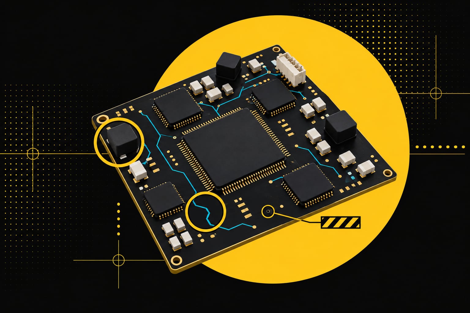 A black circuit board with warning rings marking three design problem spots