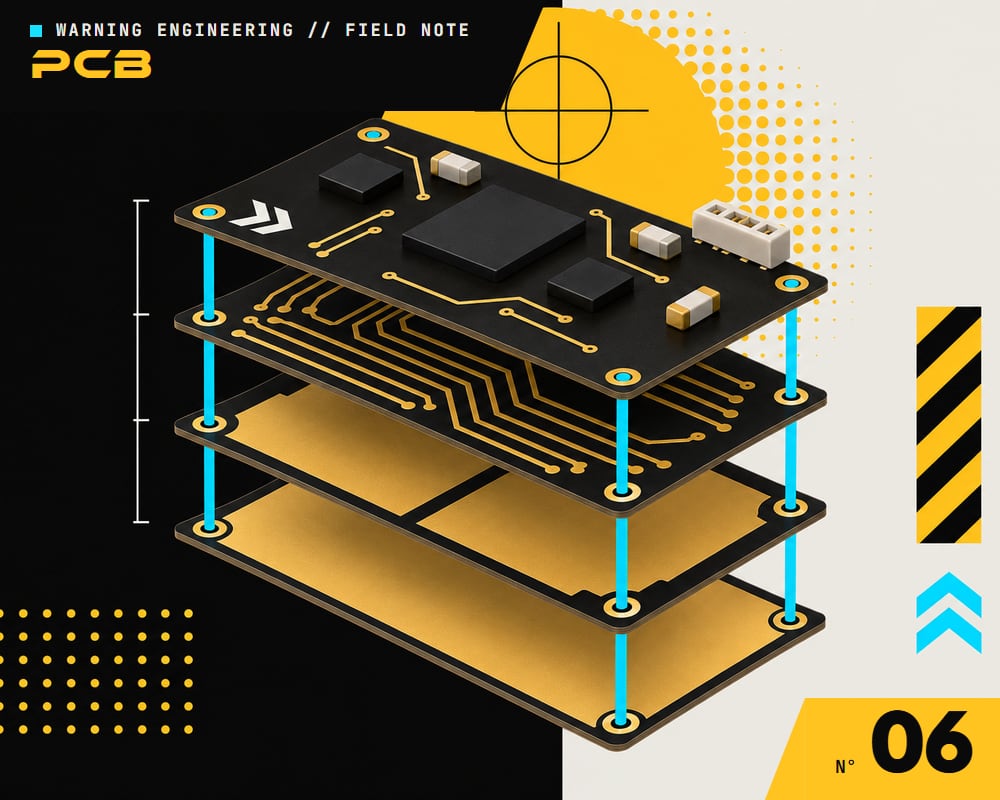 A four-layer circuit board exploded into parallel layers with via lines connecting them