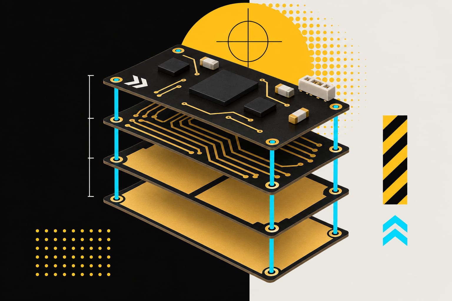 A four-layer circuit board exploded into parallel layers with via lines connecting them