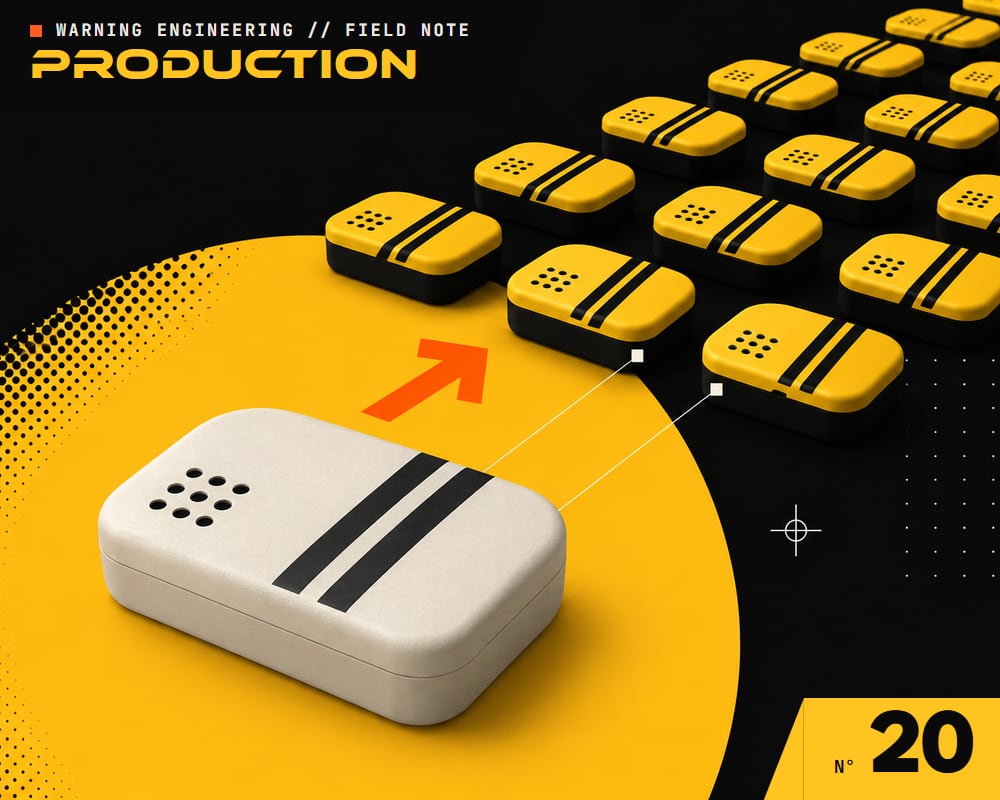 One white prototype device in front of rows of identical yellow production units