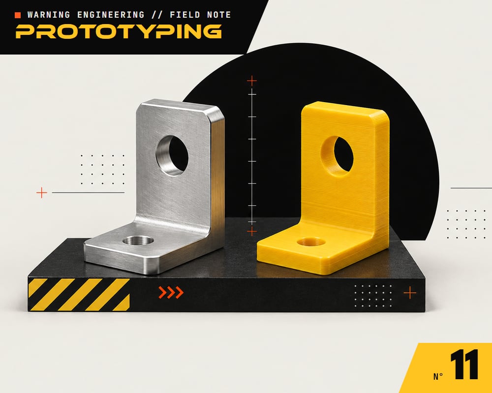 The same L-bracket twice - machined aluminium and yellow 3D print - side by side on a plinth