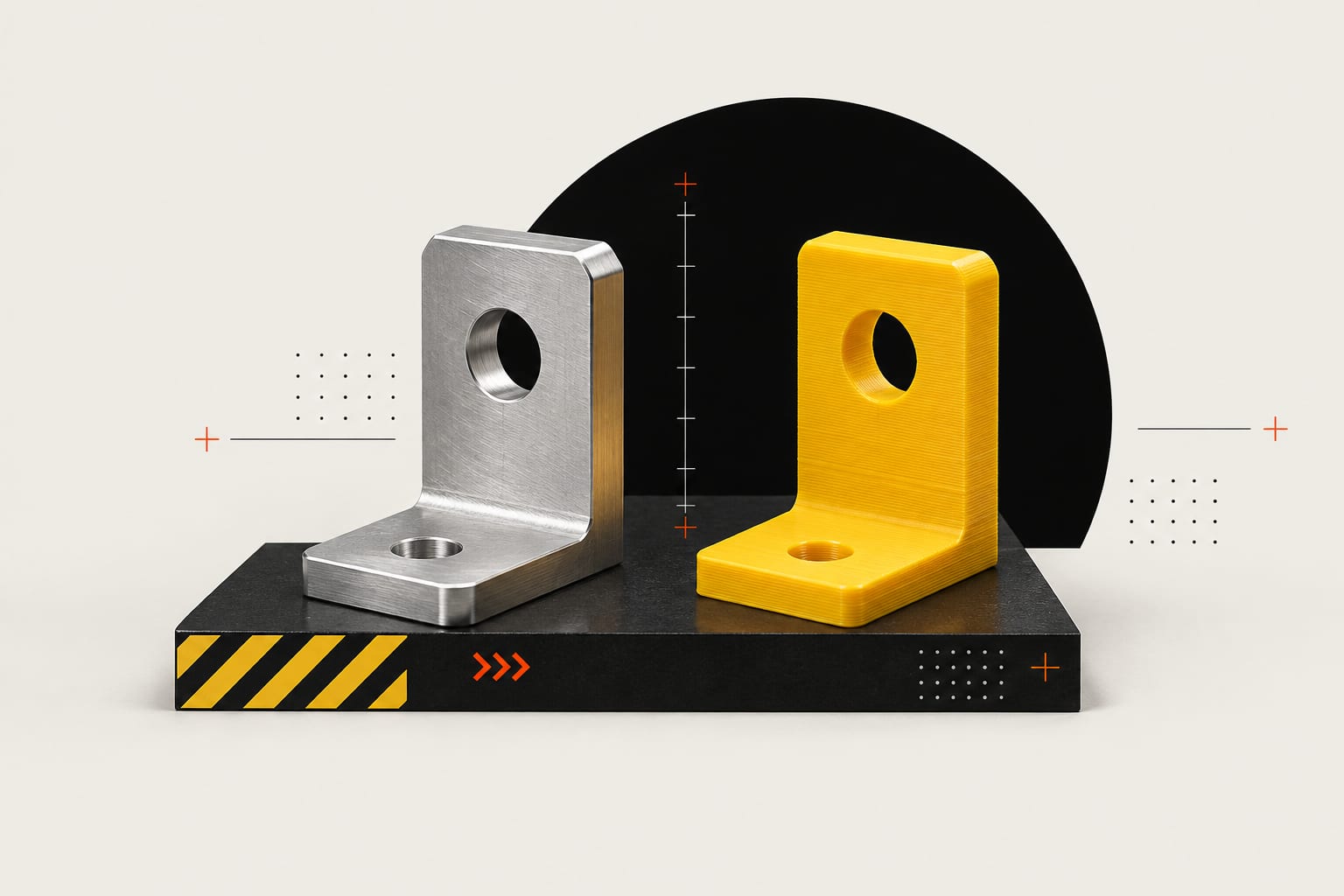 The same L-bracket twice - machined aluminium and yellow 3D print - side by side on a plinth