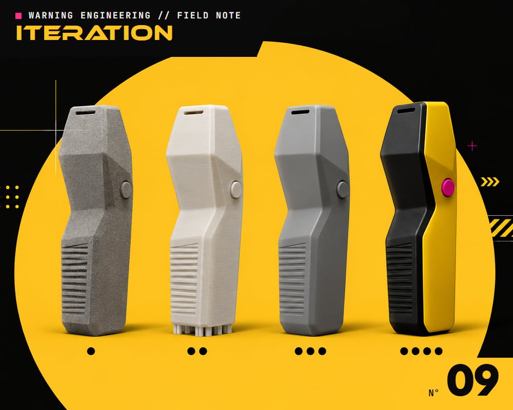 Four iterations of one device enclosure, from foam block to finished product, in a row