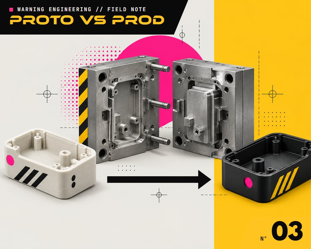 A printed prototype housing, an open injection mould and the final moulded part, linked by an arrow