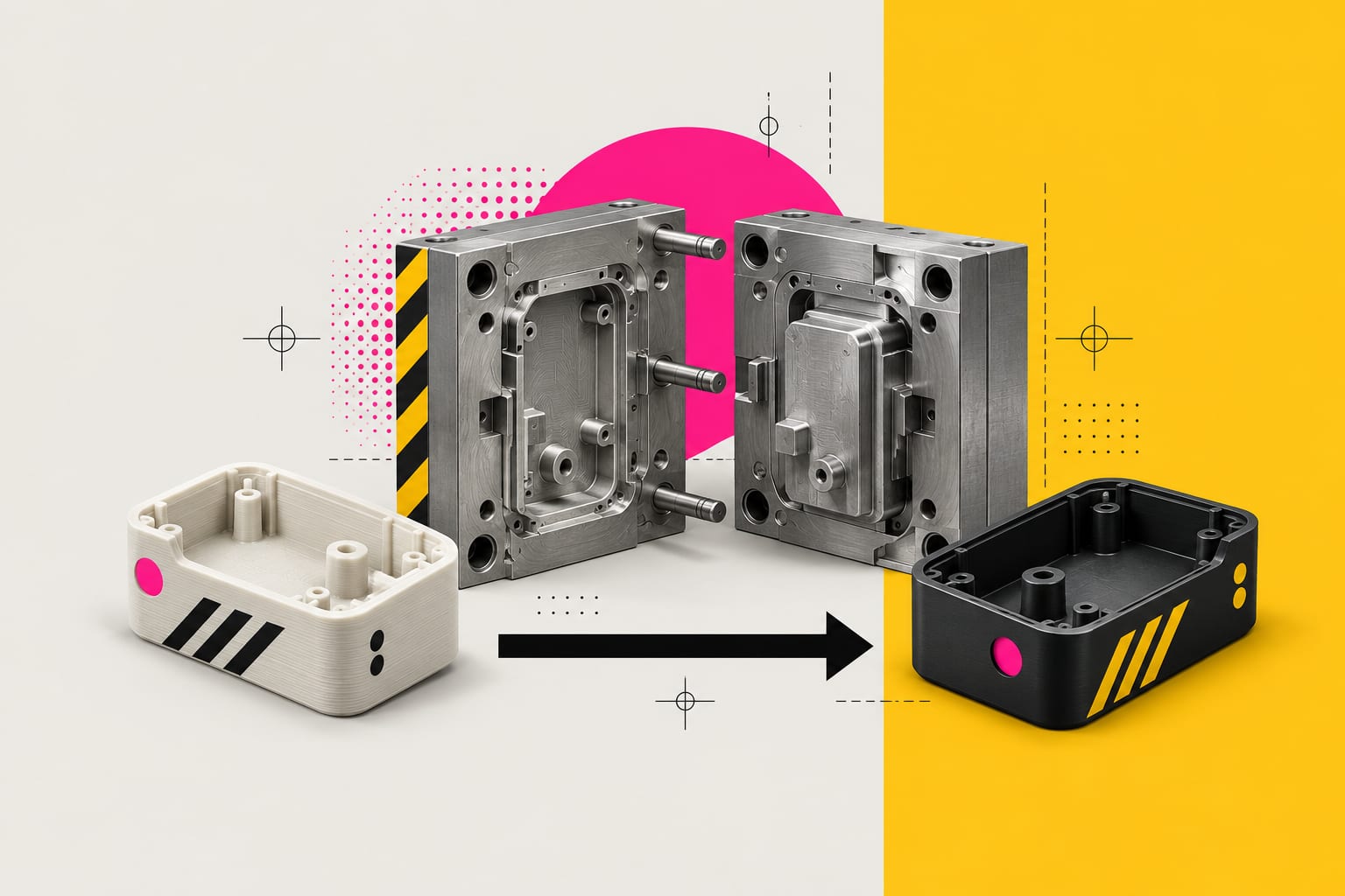 A printed prototype housing, an open injection mould and the final moulded part, linked by an arrow
