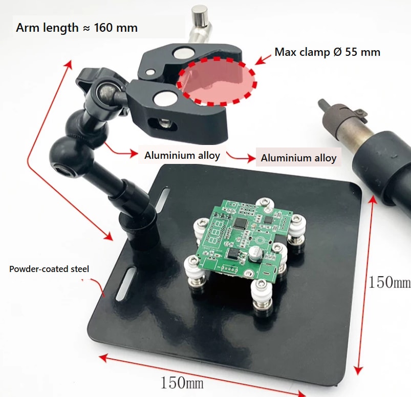 Hot-Air Gun Stand with PCB Holder (150 × 150 mm plate, 160 mm arm) 4